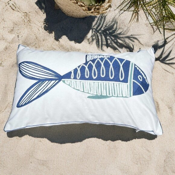 Lumbar Beach Pillow Cover Nautical Coastal Decor Cottage Accent Fish Decoration - Picture 2 of 8